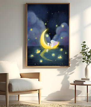 Whimsical night scene with child and cat on crescent moon