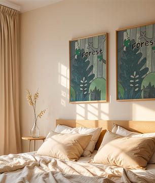 Illustrated forest scene with foliage and text