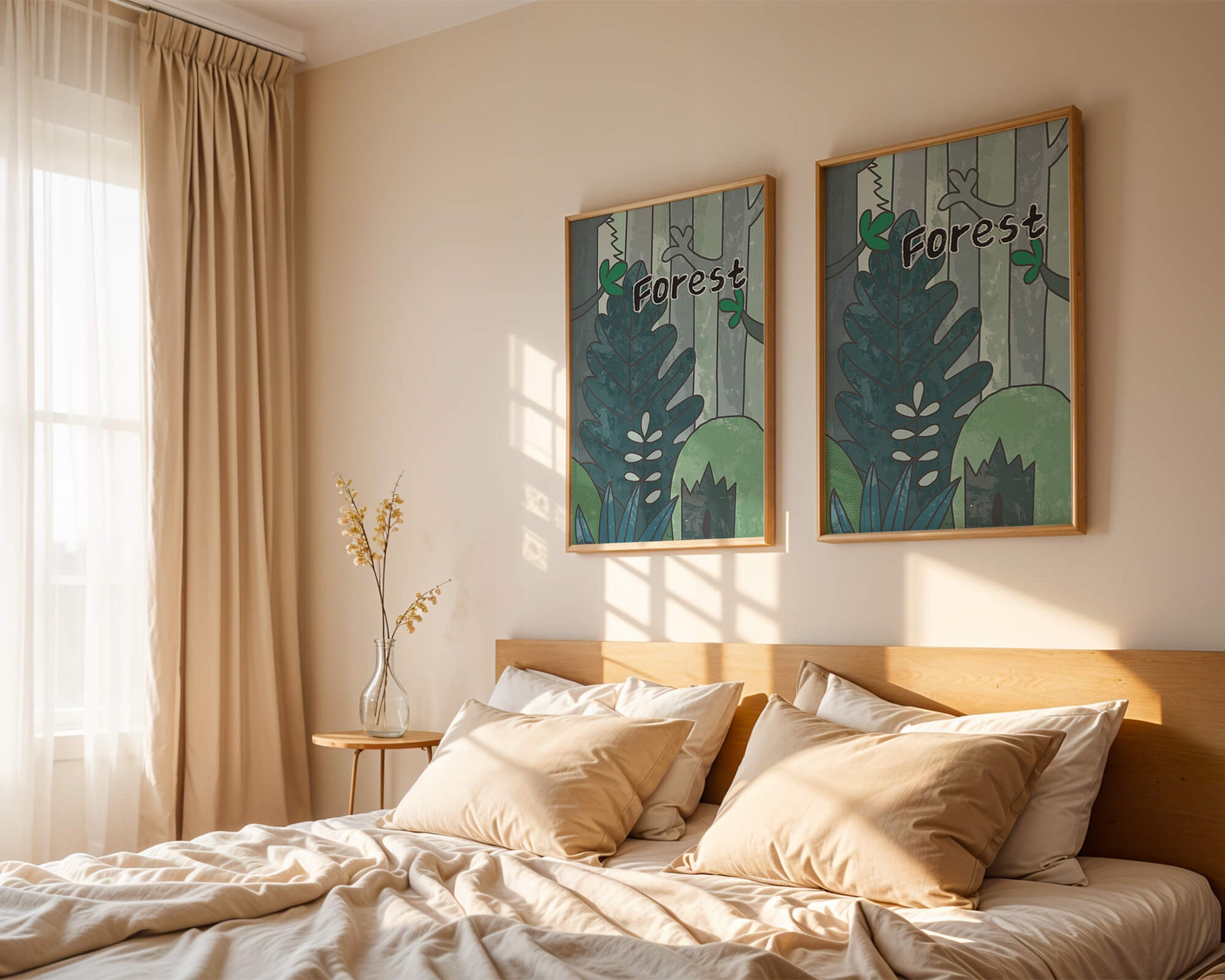 Illustrated forest scene with foliage and text