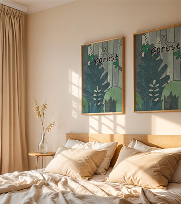 Illustrated forest scene with foliage and text