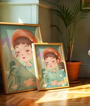 Ilustración serena de una chica en la naturaleza con flores y mariposas