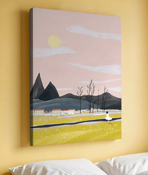 Serene landscape with mountains, village, and a girl under a pink sky