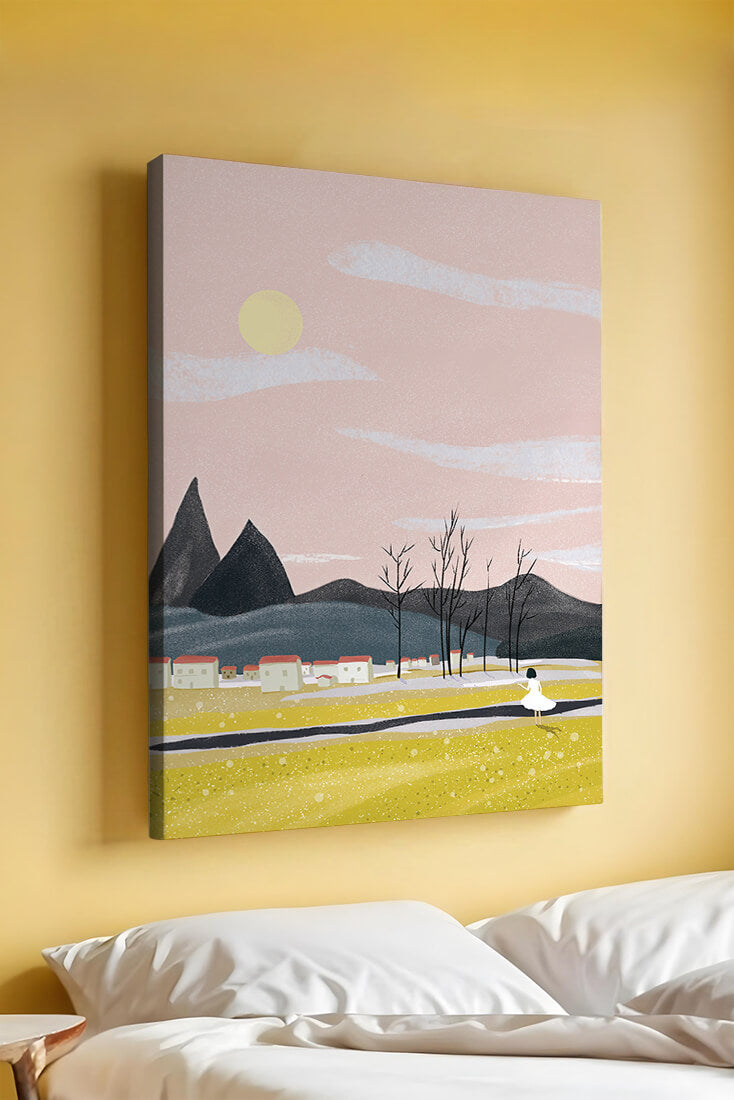 Serene landscape with mountains, village, and a girl under a pink sky