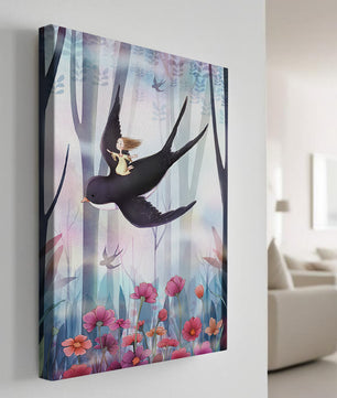 Zauberwald mit Mädchen, das auf einem Vogel zwischen leuchtenden Blumen reitet