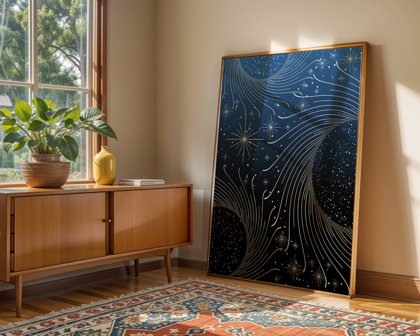 Elegant starry night with golden cosmic swirls