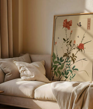 Delicate Floral Art with Red Flowers and Butterflies