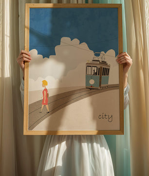 Urban scene with tram and pedestrian under a blue sky