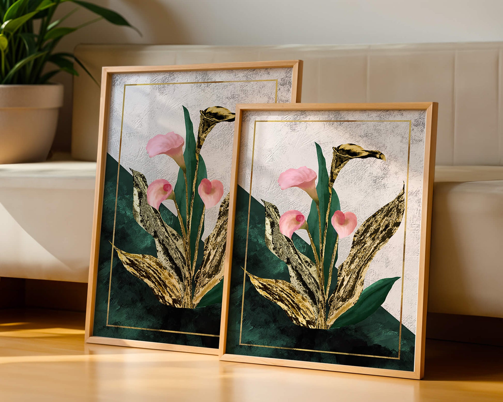 Abstrakte botanische Kunst mit rosa Calla-Lilien und goldenen Blättern