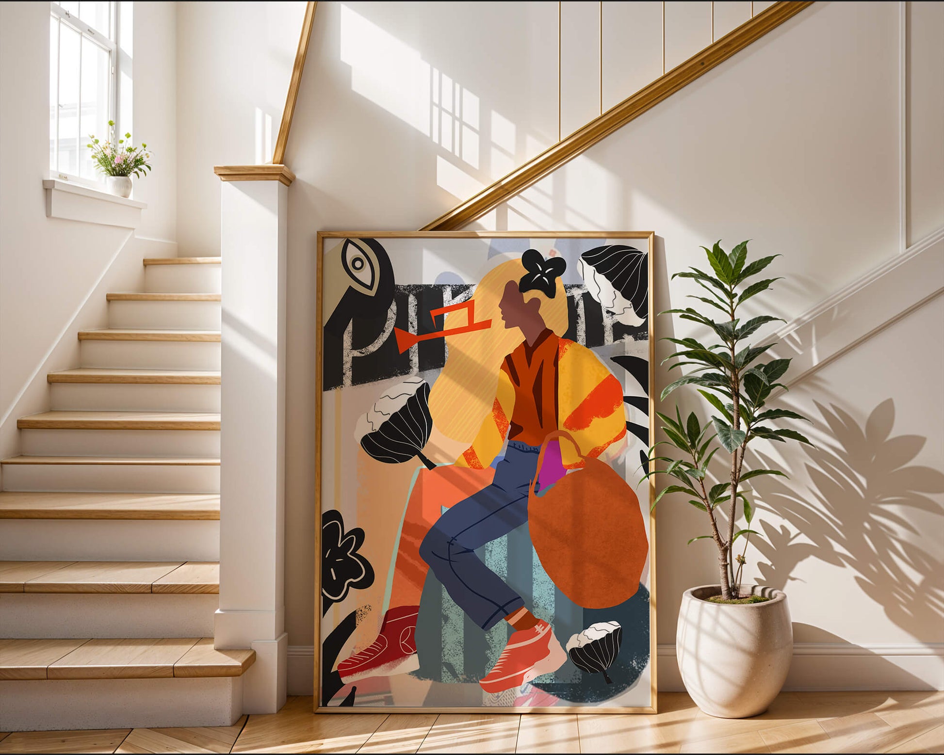 Colorful abstract fashion illustration with floral and geometric elements