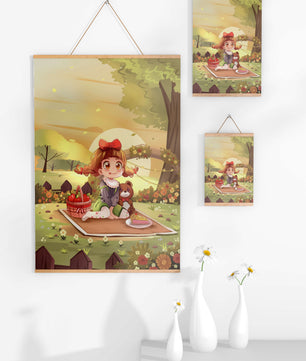 Whimsical picnic scene with a young girl and teddy bear under sunset in vibrant meadow