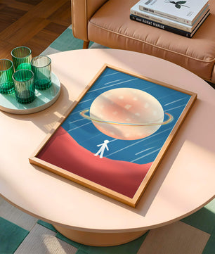 Illustration Of A Large Planet Against A Stardust Background With A Small Figure In The Foreground