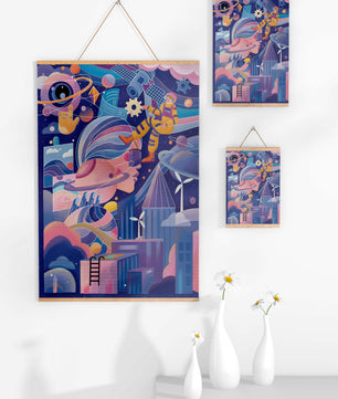 Futuristic space exploration artwork with astronaut and planets