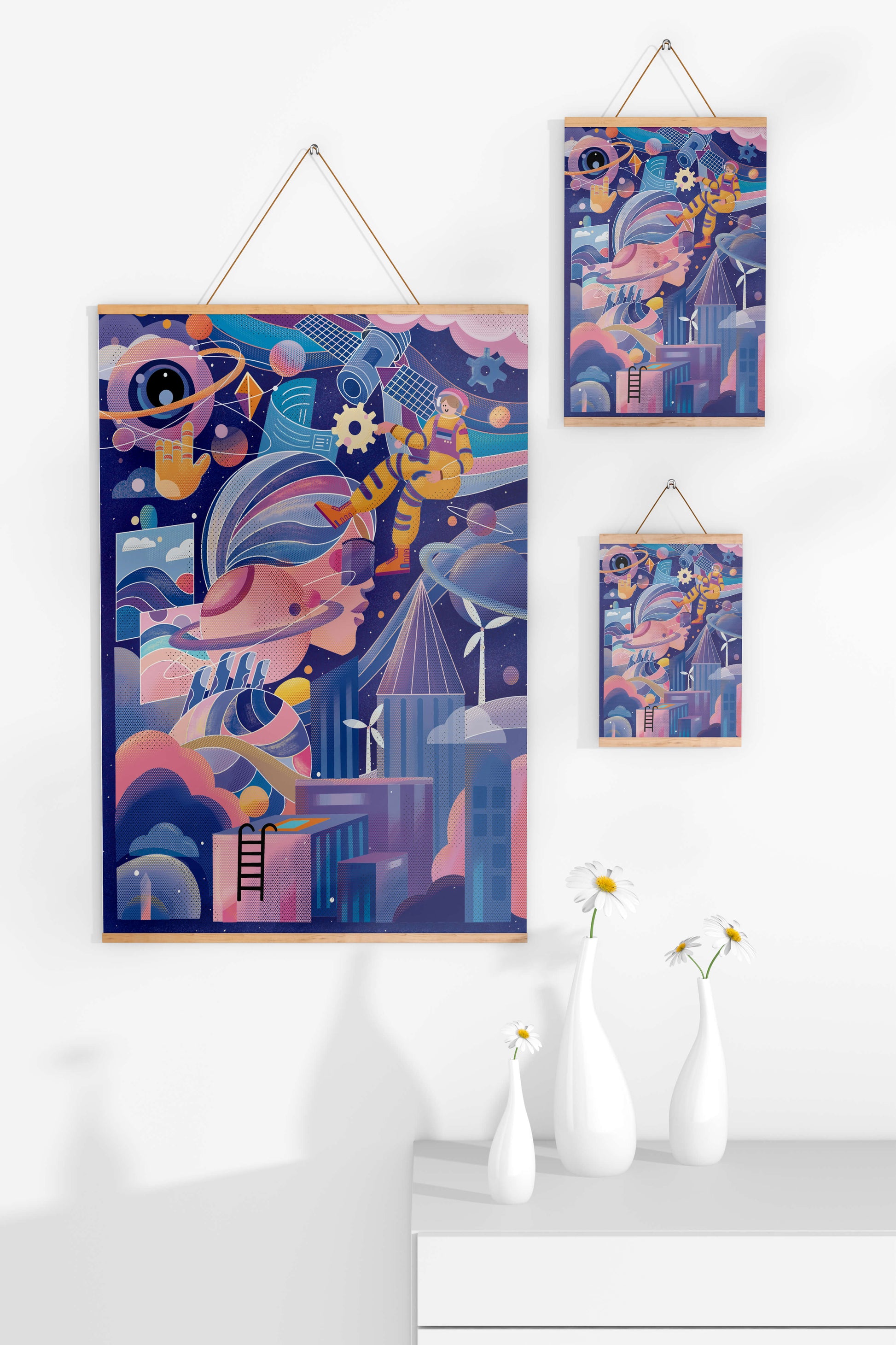 Futuristic space exploration artwork with astronaut and planets