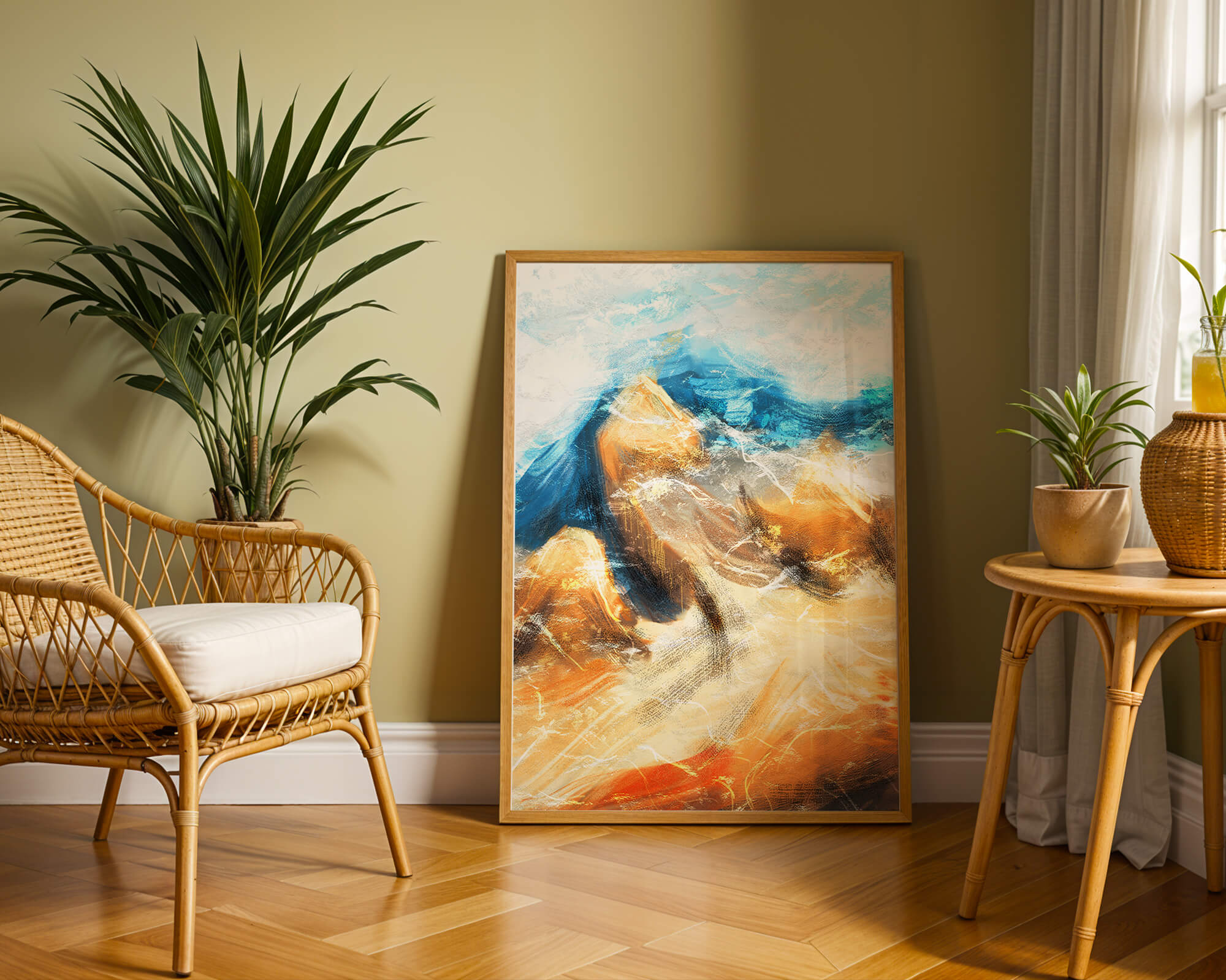 Abstract landscape with blue and golden hues