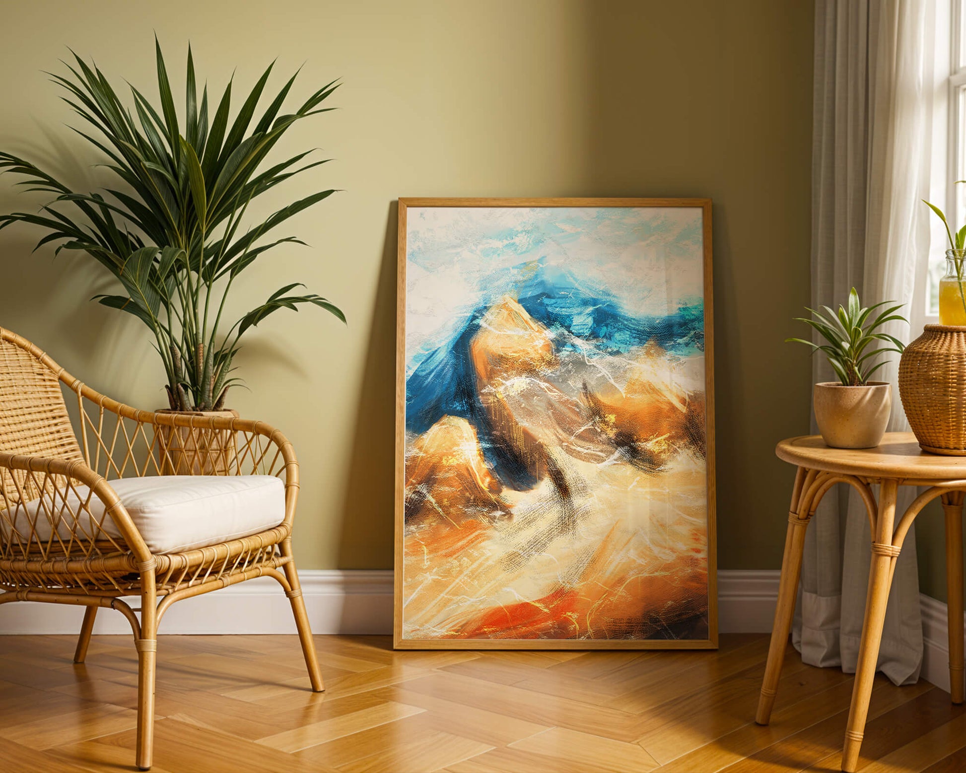 Abstract landscape with blue and golden hues