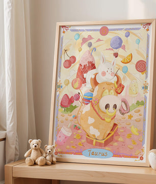 A whimsical Taurus zodiac illustration with playful animals and sweet treats