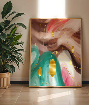 Diseño abstracto de remolinos coloridos con círculos dorados