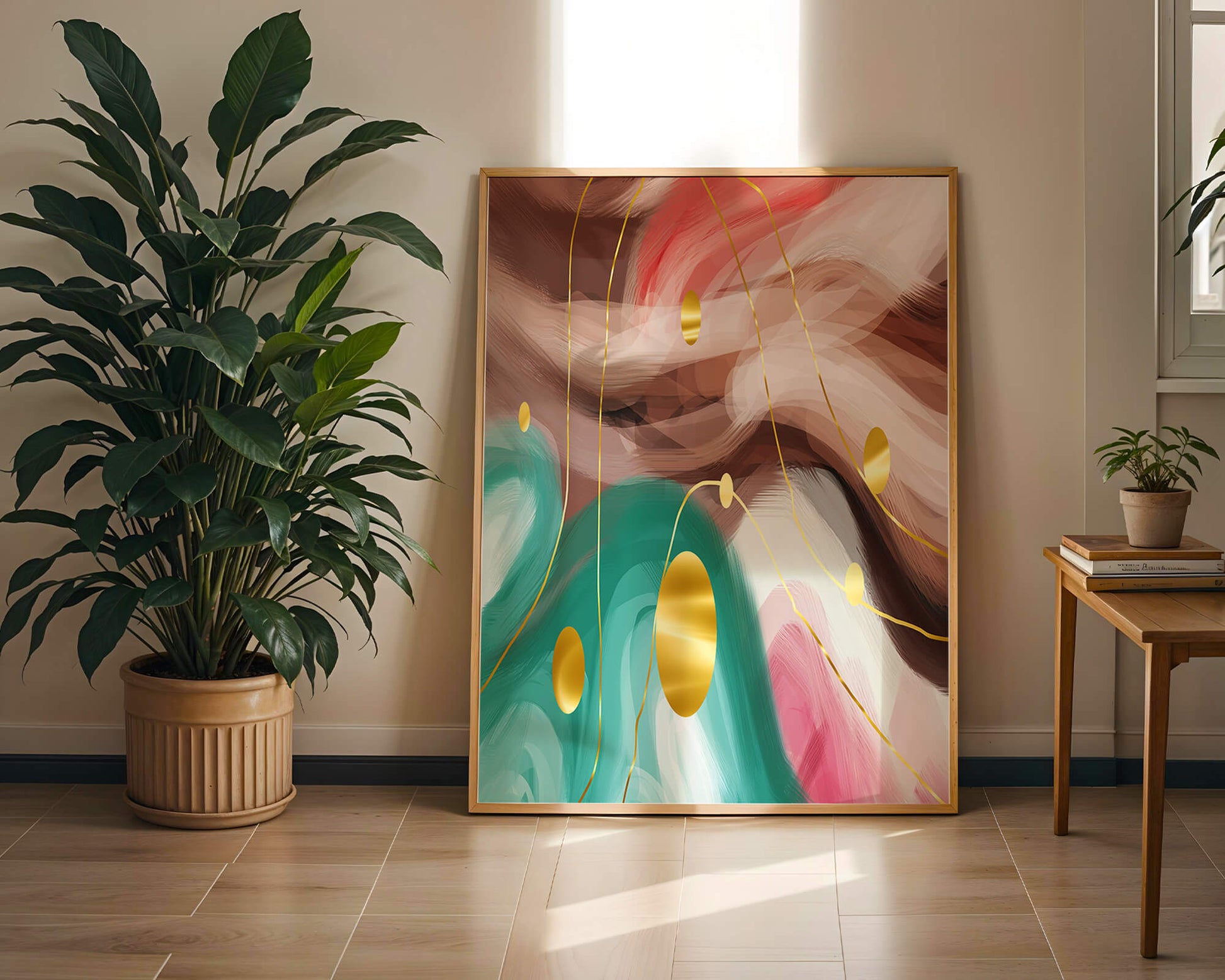 Abstract colorful swirl design with golden circles