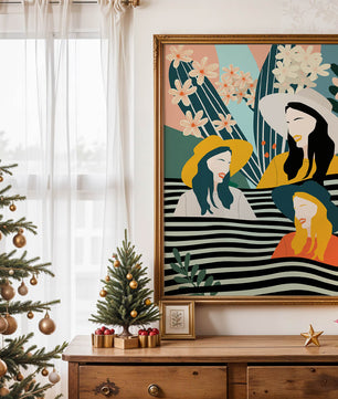 Illustration abstraite colorée de trois femmes avec des éléments floraux et botaniques