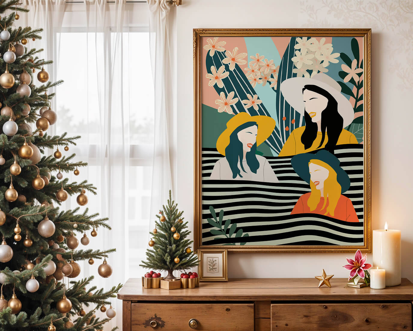 Illustration abstraite colorée de trois femmes avec des éléments floraux et botaniques