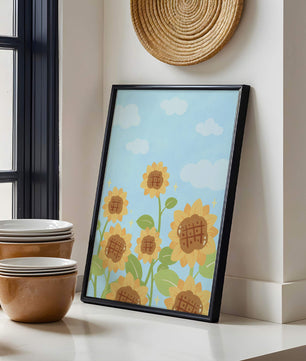 Sunflowers Under Blue Sky with Floating Clouds