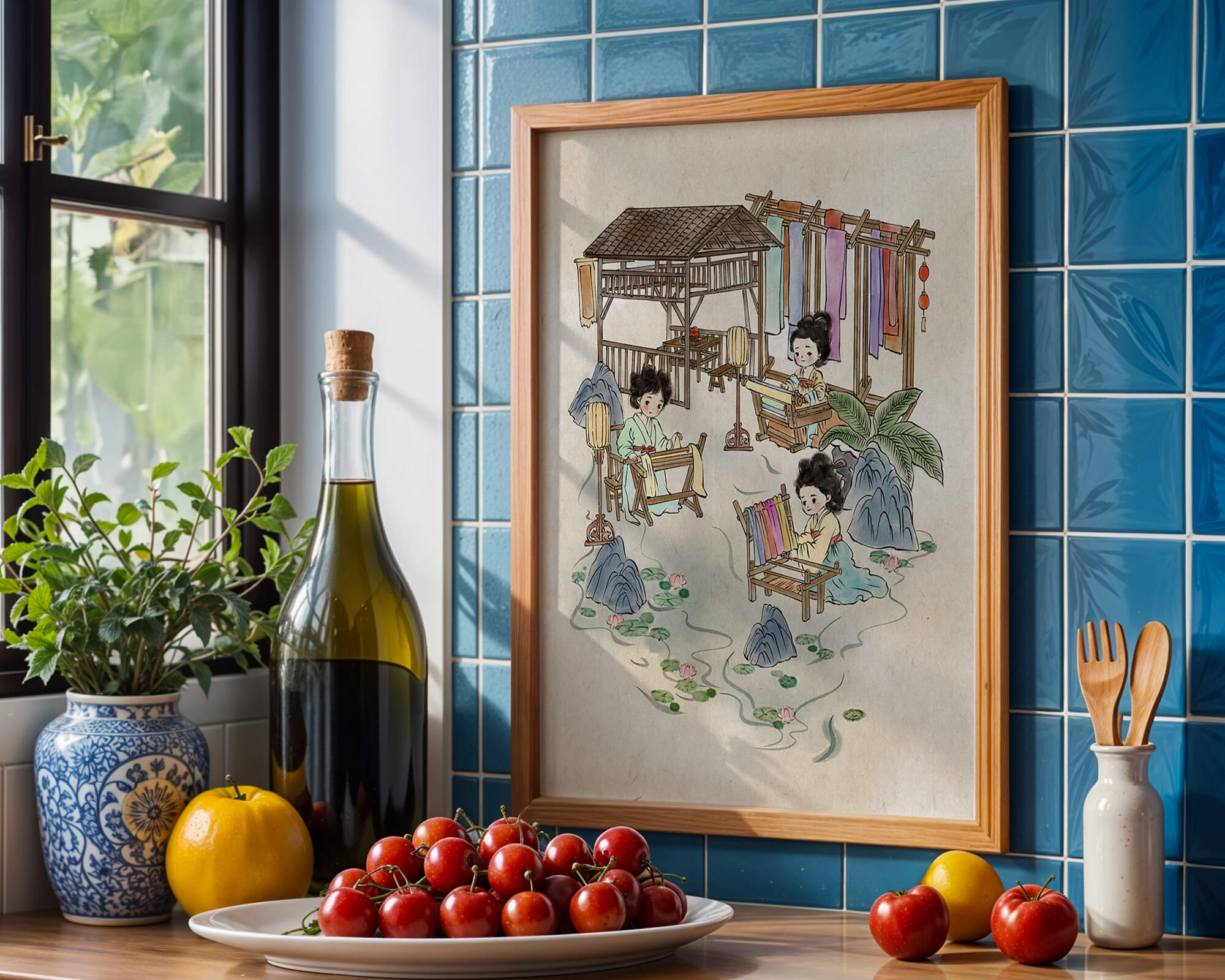 Charming illustration of traditional textile crafts in a serene setting