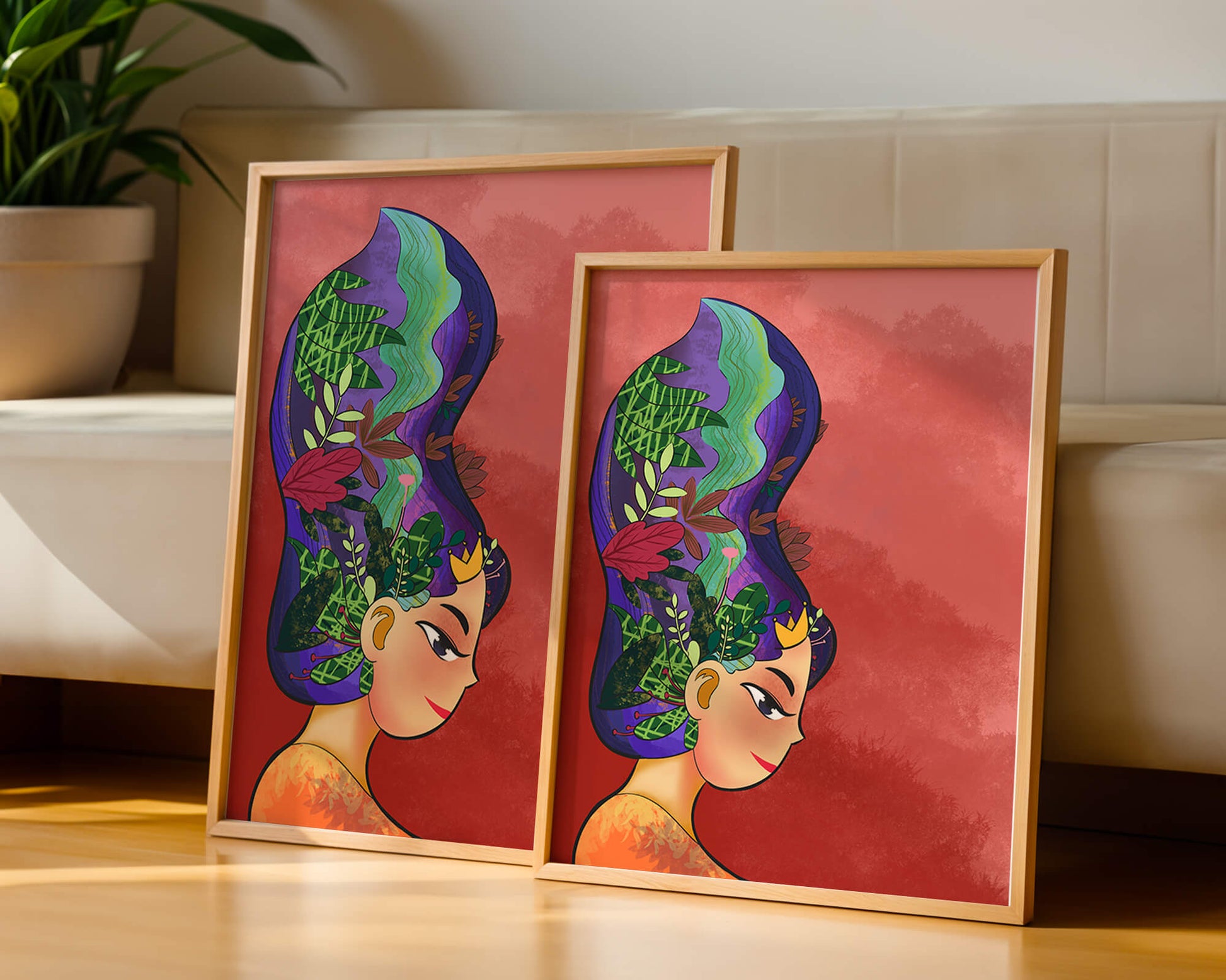 Colorful artistic portrait with nature-inspired hair design