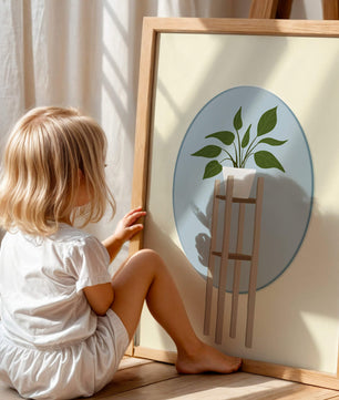 Illustration botanique moderne d'une plante en pot sur un support en bois