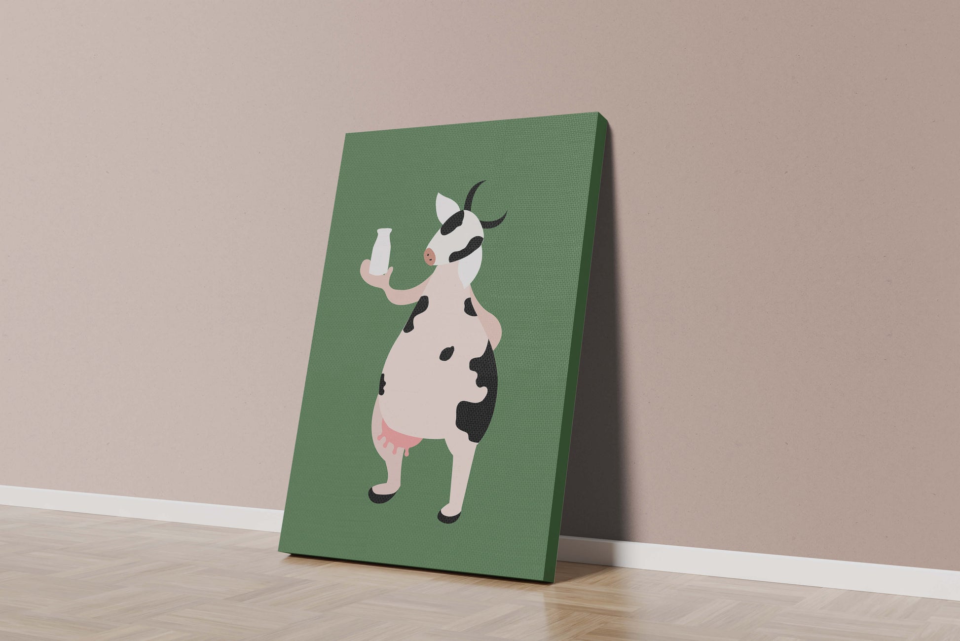 Illustration of anthropomorphic cow holding a milk bottle on green background