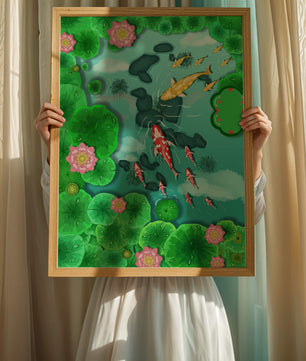 Étang à carpes koï vibrant avec des fleurs de lotus et des nénuphars verts