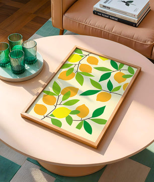 Vibrant lemon pattern with colorful leaves and citrus fruits