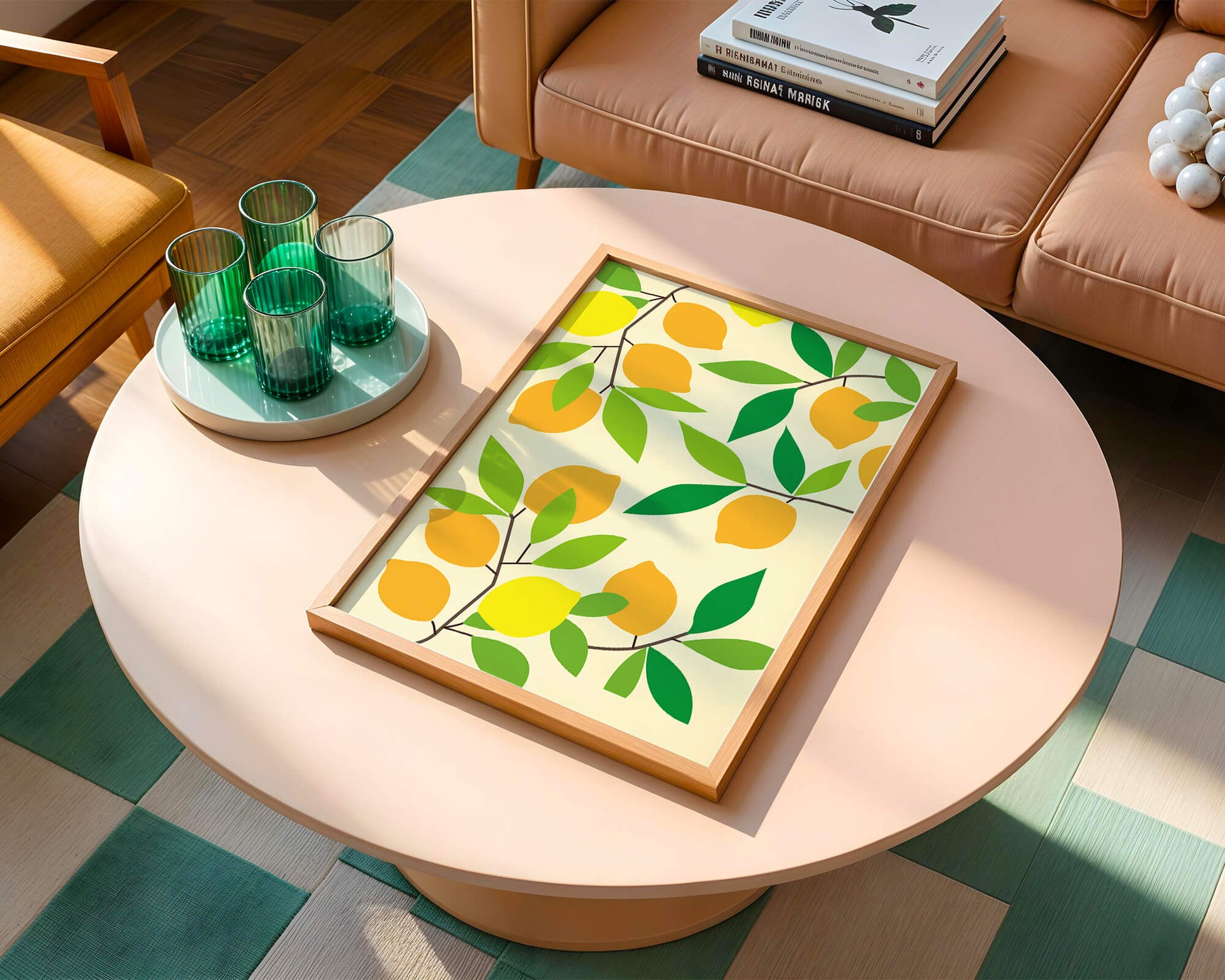 Vibrant lemon pattern with colorful leaves and citrus fruits