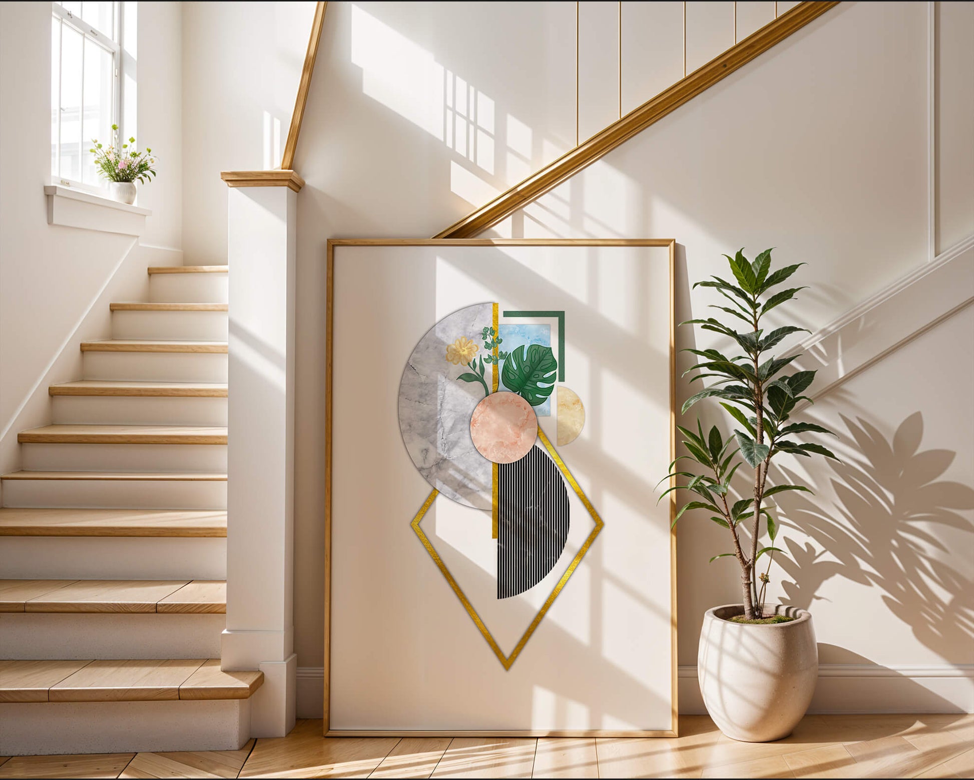 Abstract geometric art with floral and gold accents