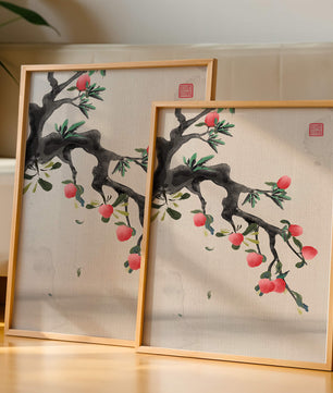Asian ink painting featuring cherry blossoms on a textured background