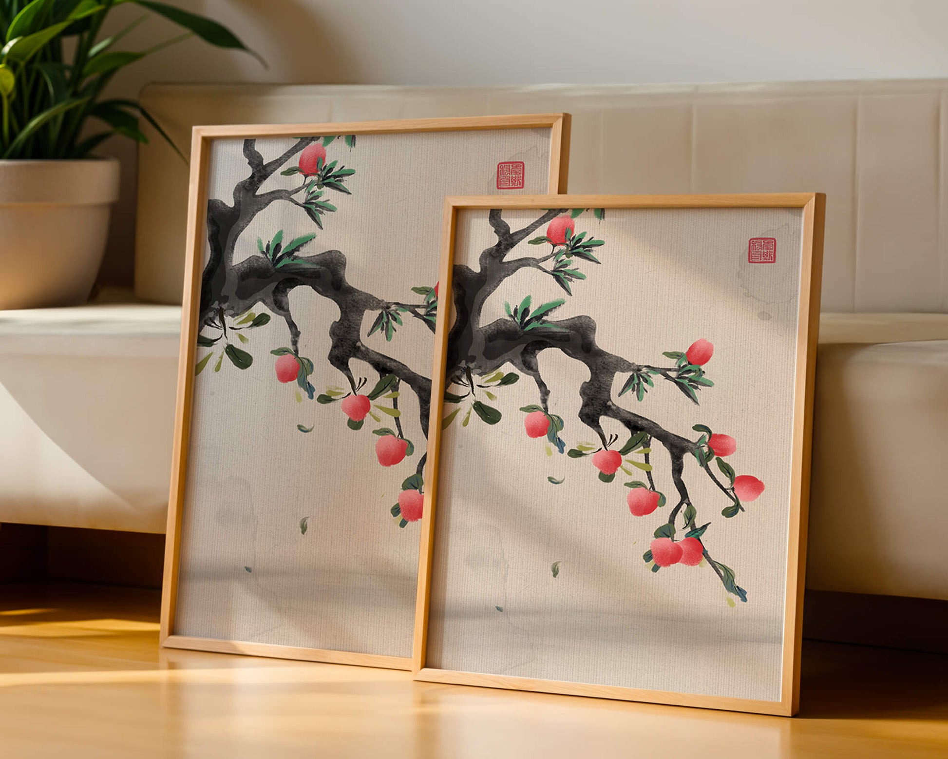 Asian ink painting featuring cherry blossoms on a textured background