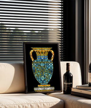 Jarrón de mosaico detallado con piedras preciosas doradas y azules sobre fondo negro