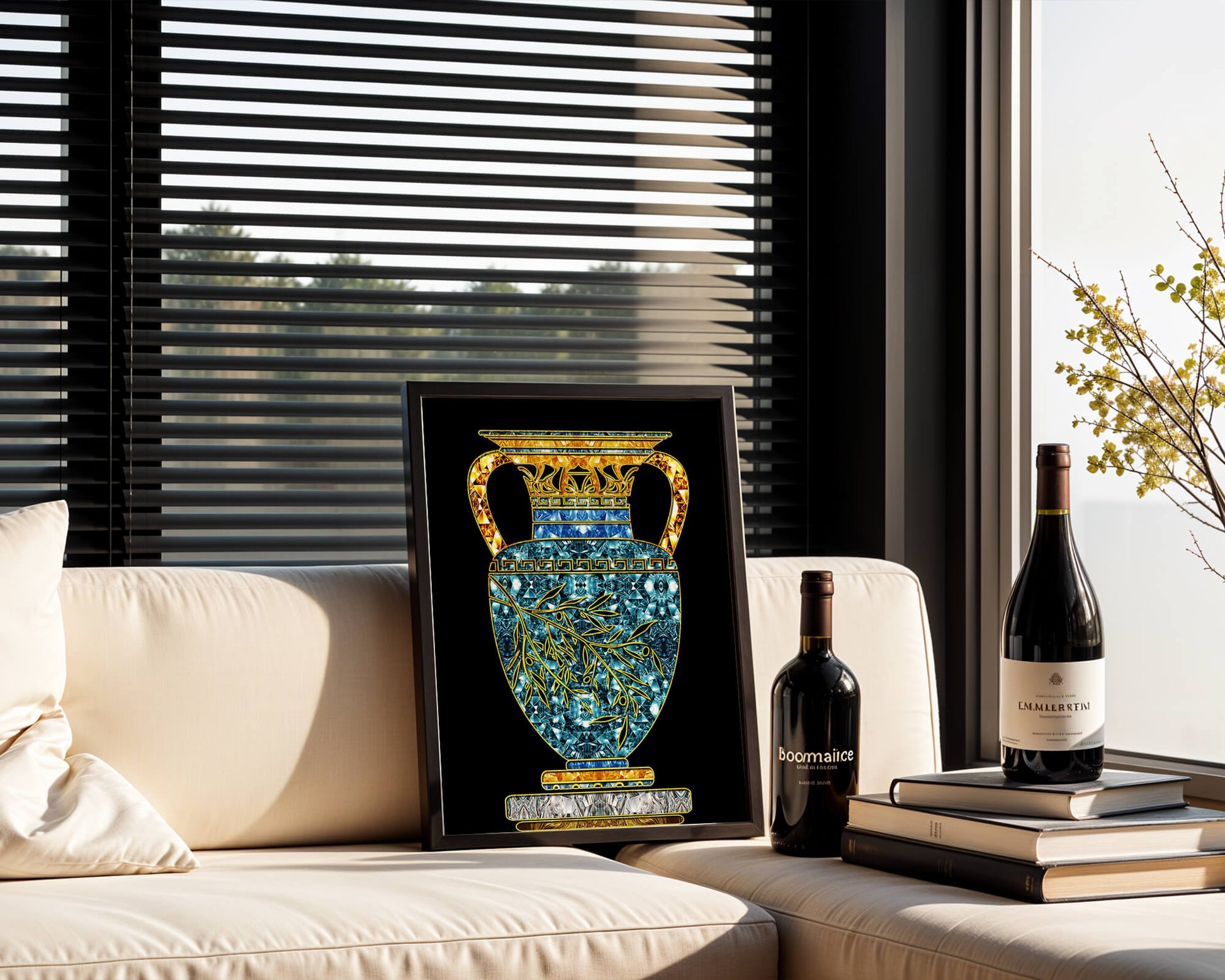 Jarrón de mosaico detallado con piedras preciosas doradas y azules sobre fondo negro