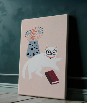 Illustration of playful cat with book and floral vase