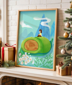 Serene Landscape with Child Sitting on Giant Leaf in Mountainous Fantasy Setting