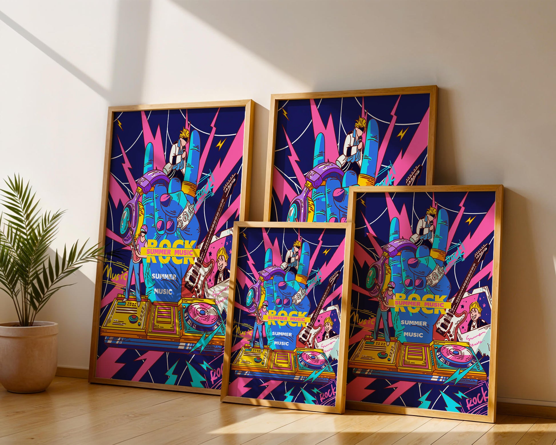 Ilustración temática vibrante de música rock con instrumentos y artistas