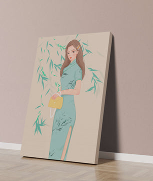 Elegant Woman in Traditional Dress Holding a Yellow Clutch with Bamboo Background