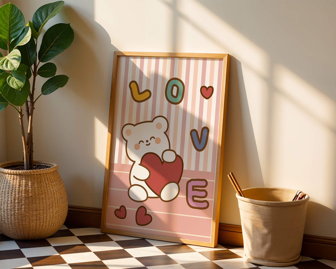Adorable bear holding a heart in a playful love-themed illustration