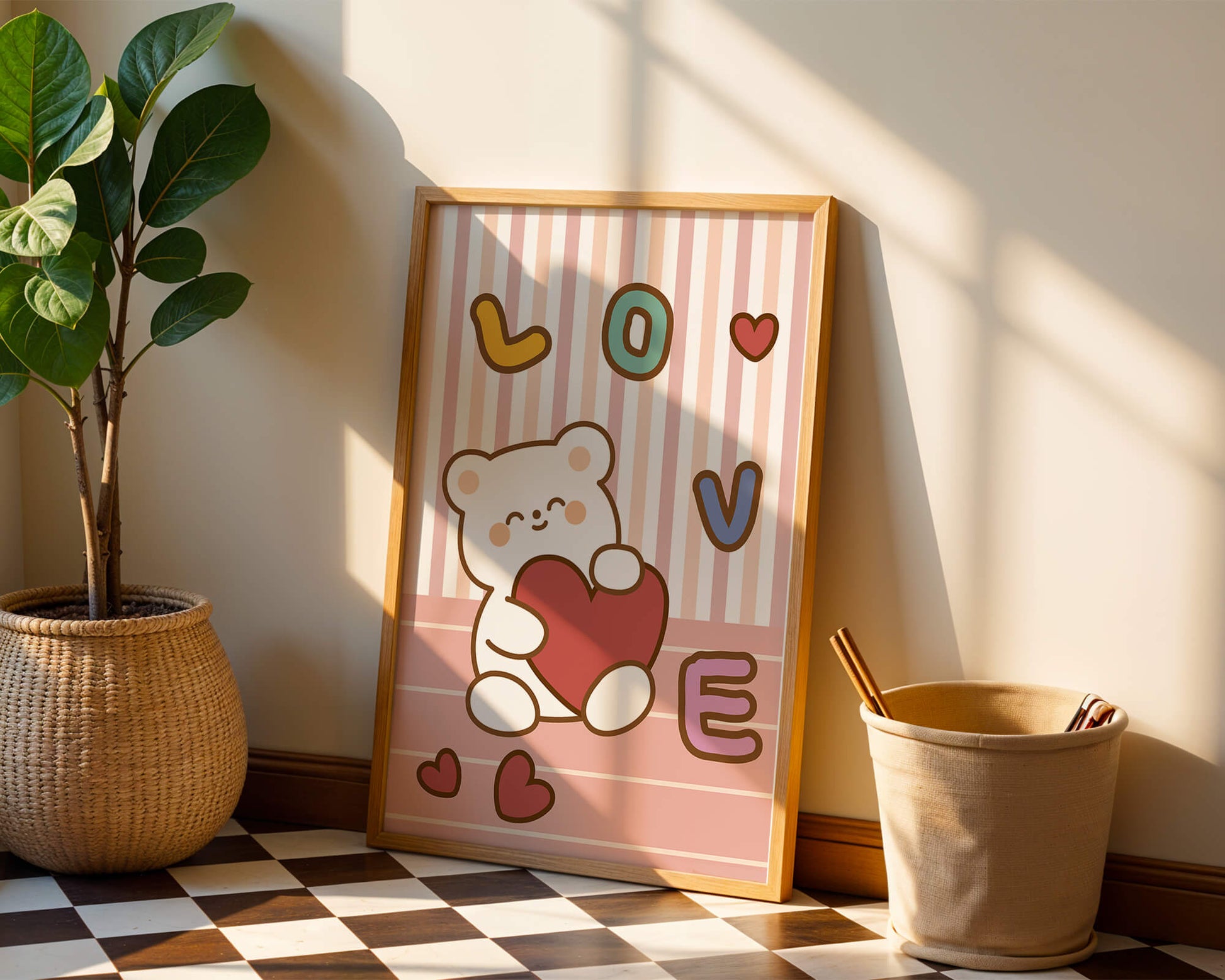 Adorable bear holding a heart in a playful love-themed illustration