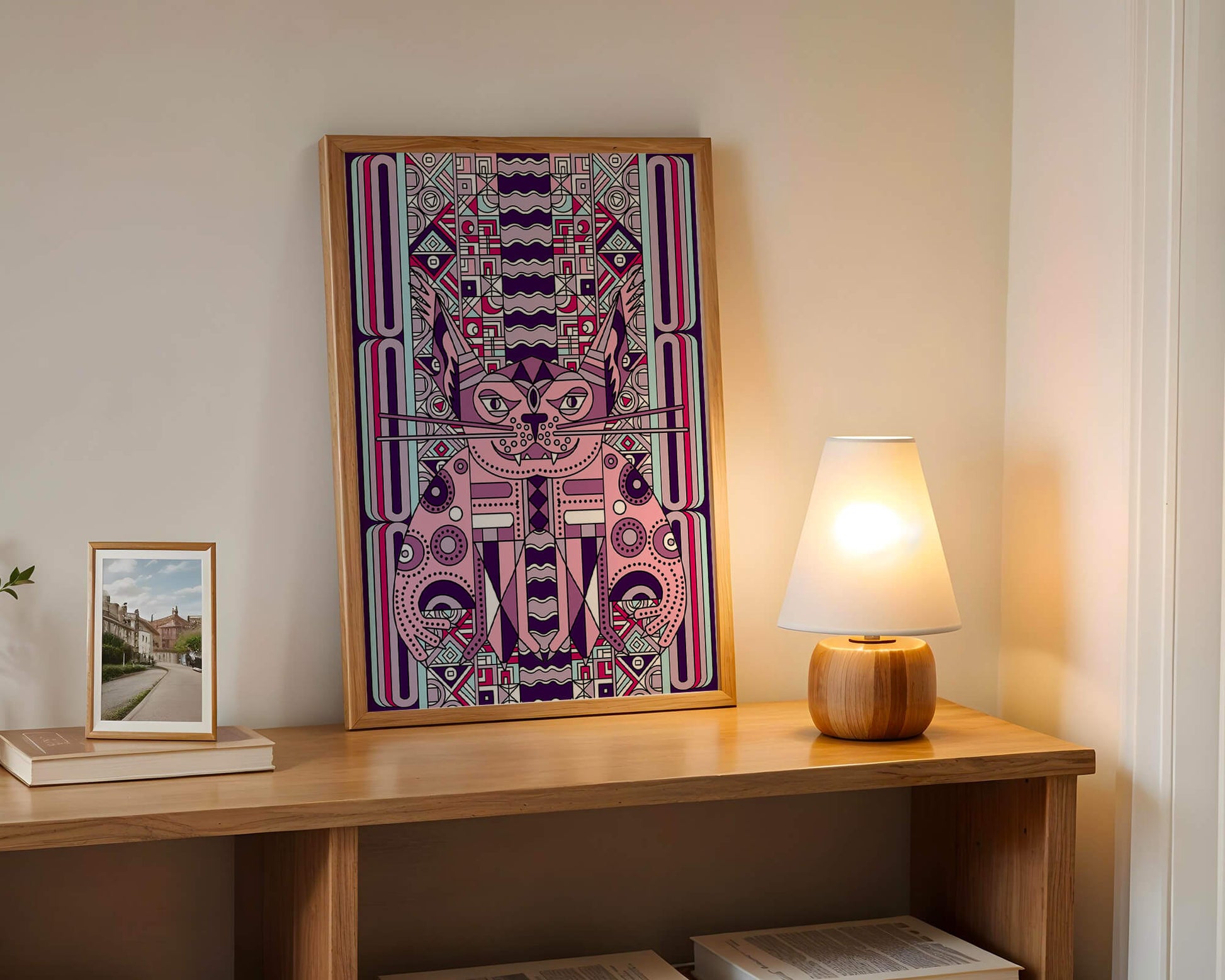 Art de chat géométrique coloré avec motifs abstraits en tons pastel