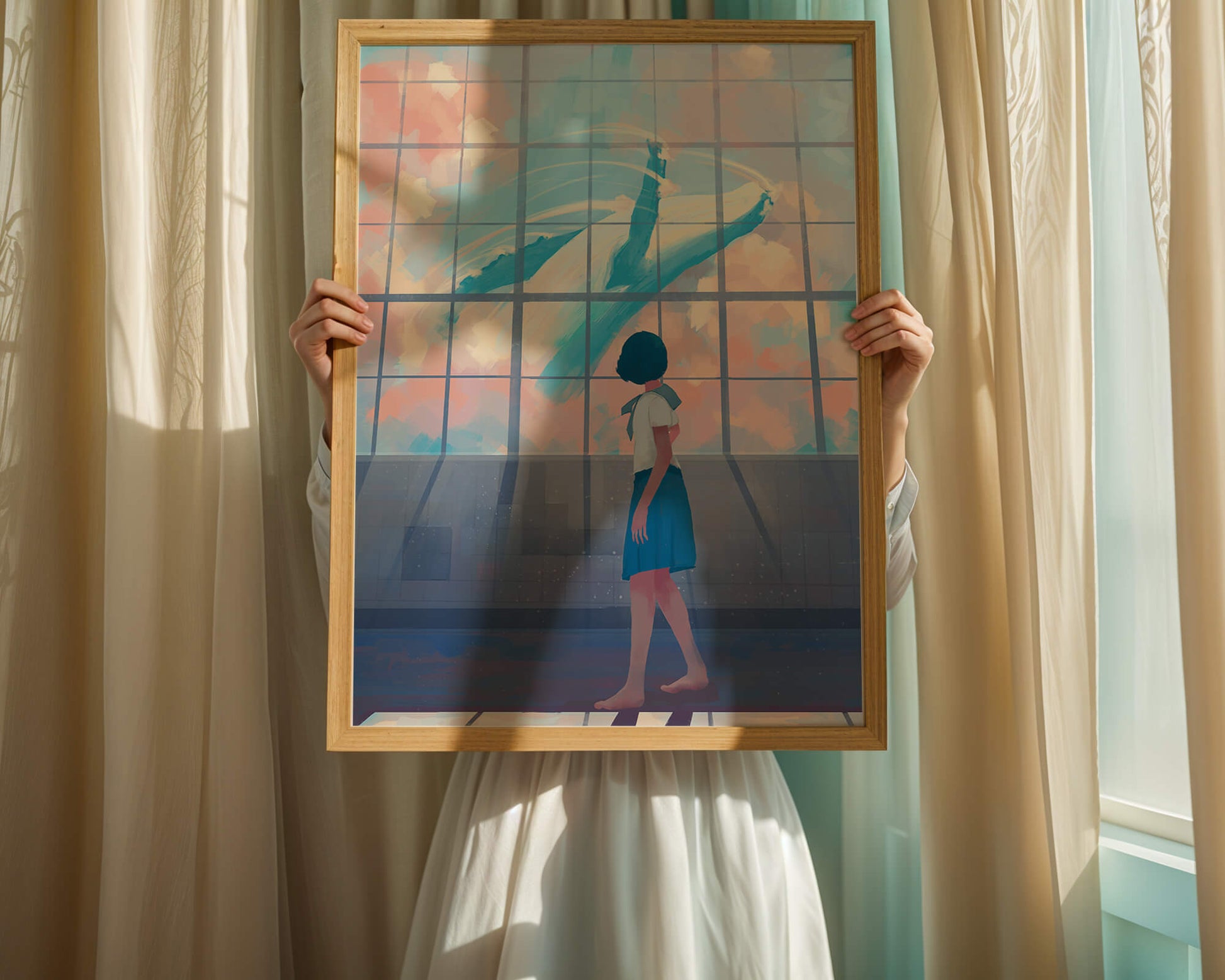 Young girl looking at a giant whale through a large window