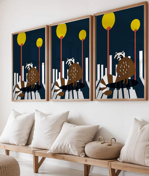 Raccoon Illustration with Urban Street Lamps and Geometric Design