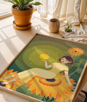 Elegant woman sitting on sunflowers in a celestial scene