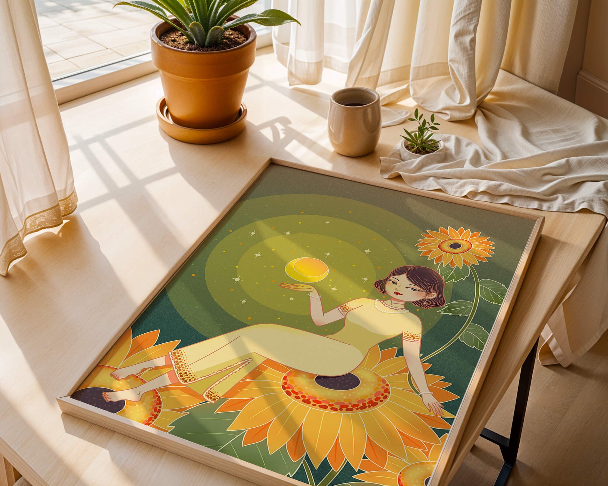 Elegant woman sitting on sunflowers in a celestial scene