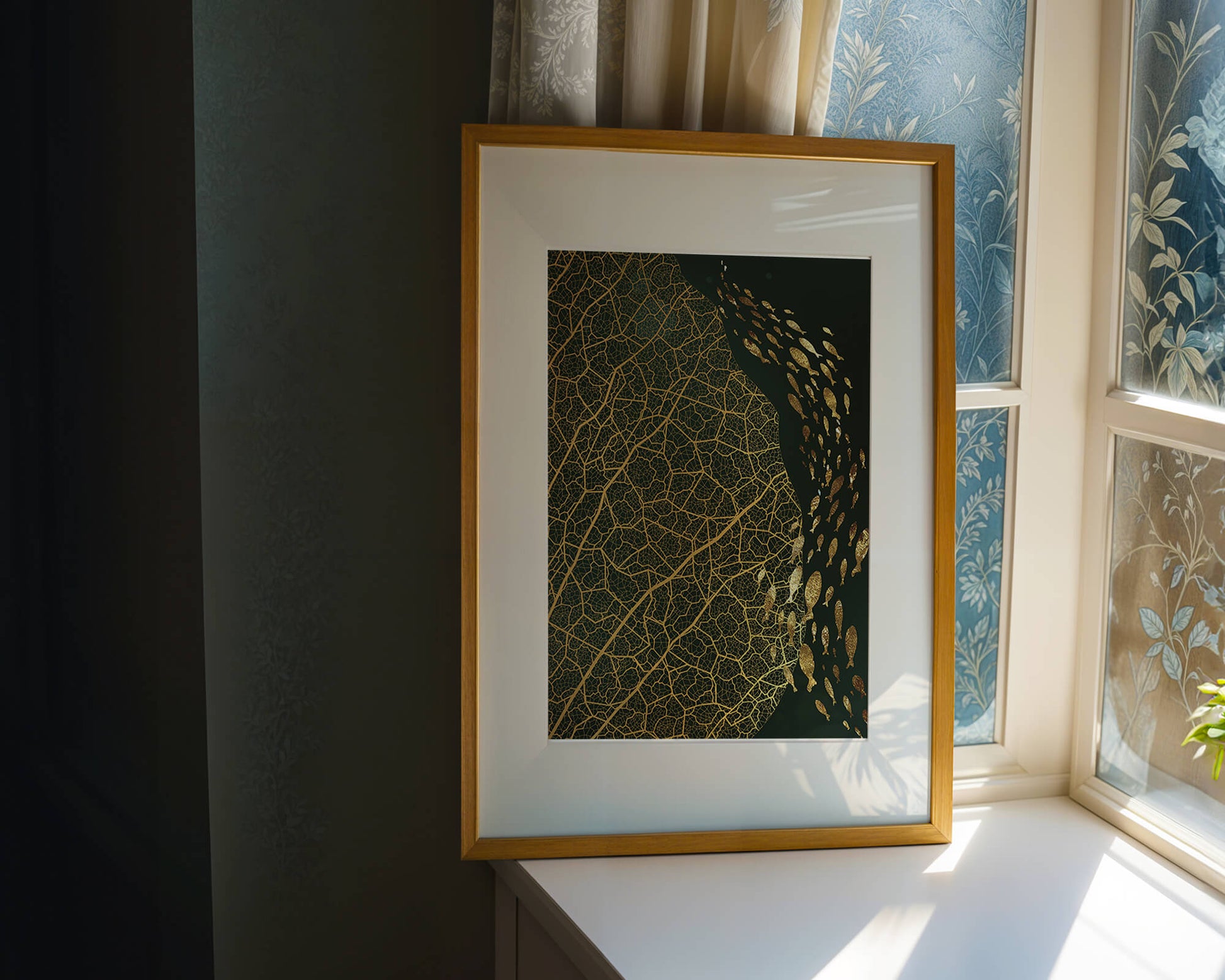 Hoja abstracta con patrón geométrico y siluetas de peces
