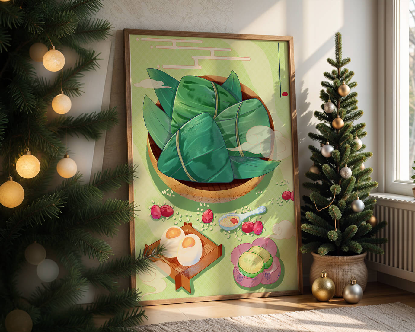 Traditional Asian food illustration with rice dumplings and mooncakes on a green background